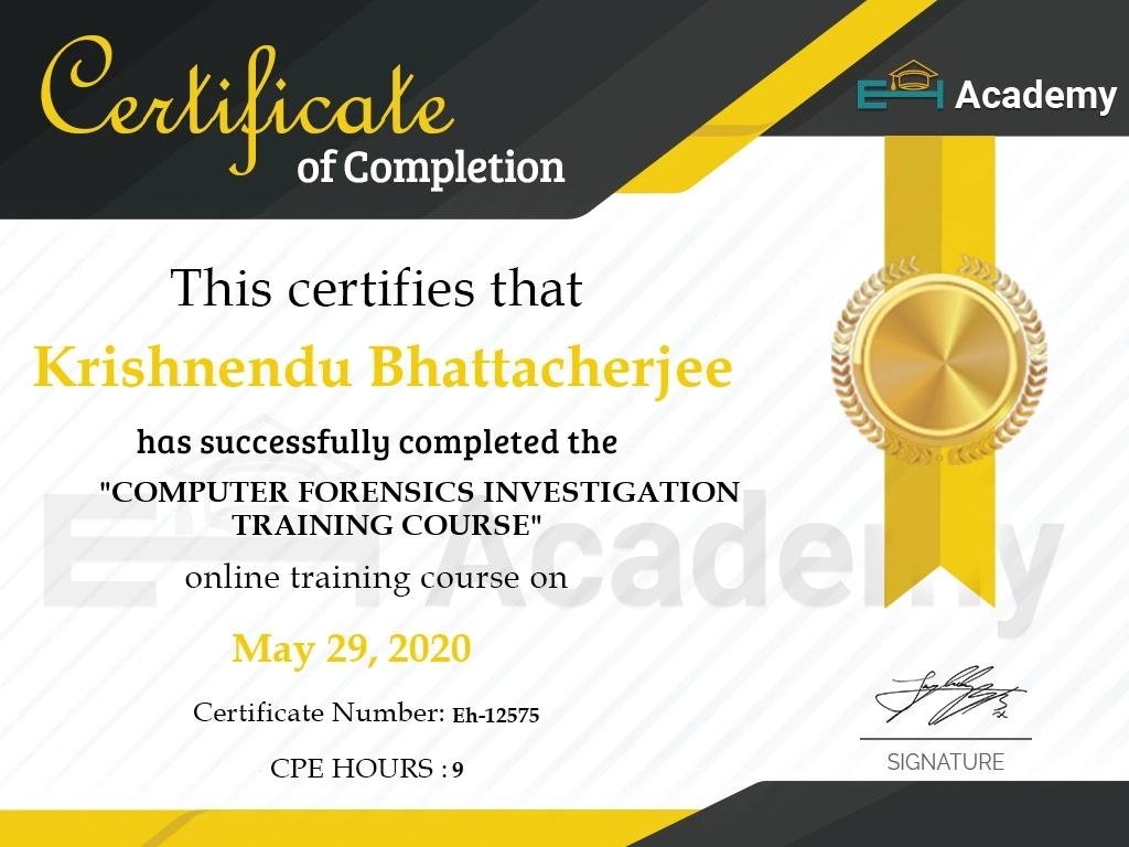 Computer Forensics Investigation Training Course Certificate