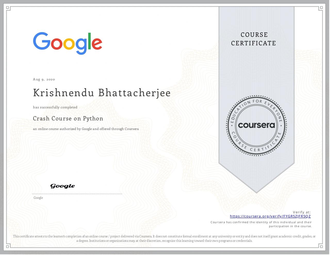 Crash Course on Python Certificate