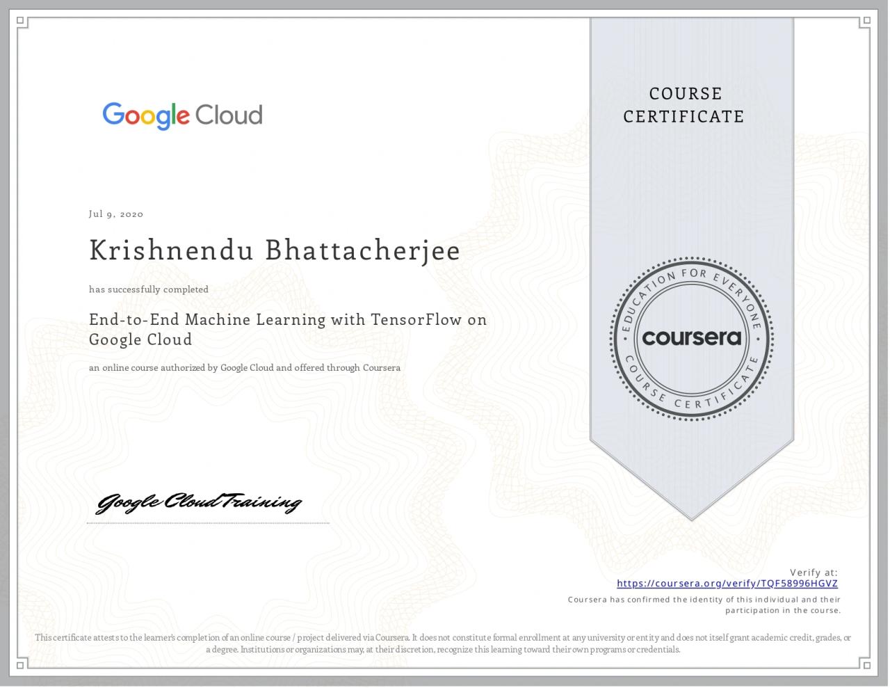 End-to-End Machine Learning with TensorFlow on Google Cloud Certificate