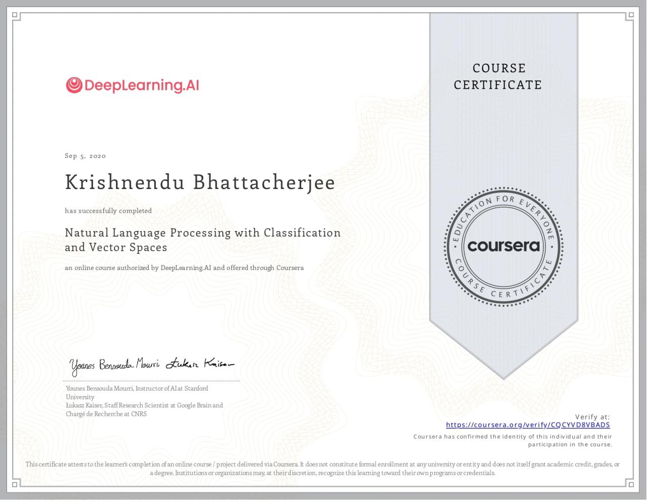 Natural Language Processing with Classification and Vector Spaces Certificate